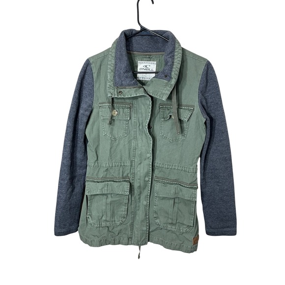 O'Neill Olive Green Military Anorak Jacket Gray Knit Sleeve Small S - Picture 1 of 9